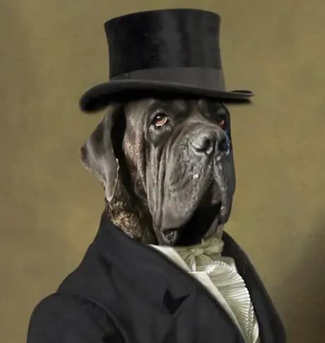 Henry the dog in a formal top hat and suit